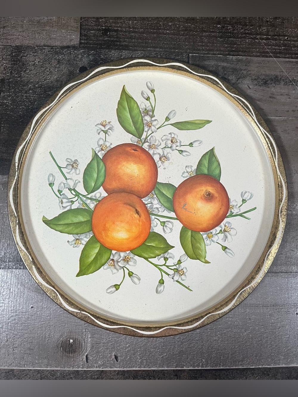Vintage Mid-Century Orange Blossom Fruit Metal Tin Serving Tray